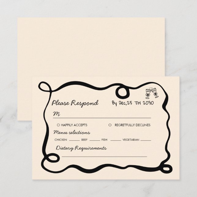 Cartão RSVP Black hand drawn champagne whimsical wedding (Frente/Verso)