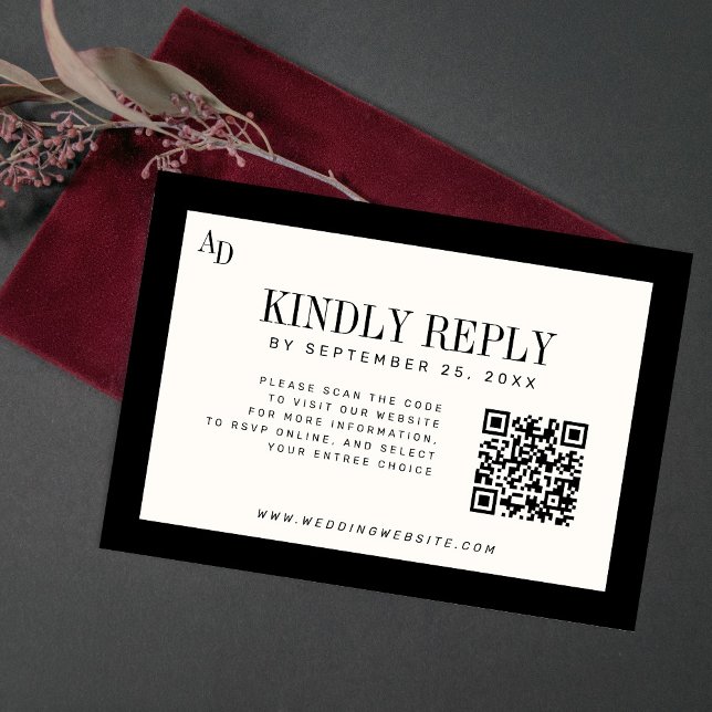 Cartão RSVP Black ivory modern old money wedding website QR (Criador carregado)