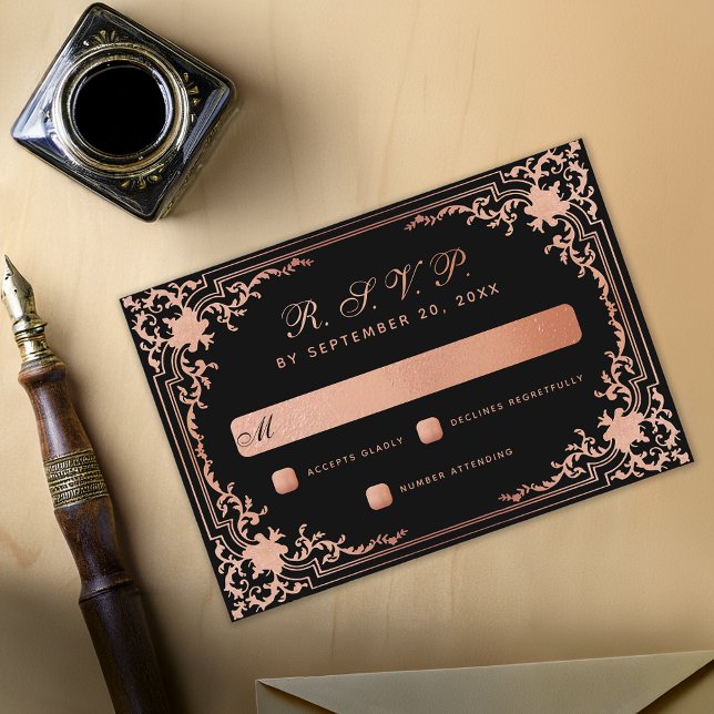 Cartão RSVP Black Pink Vintage Elegante Caligrafia Casamento (Criador carregado)