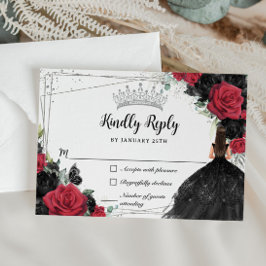 Cartão RSVP Black Red Floral Silver Princess Gown Quinceañera