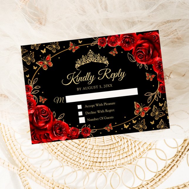 Cartão RSVP Black Red Gold Quinceanera Reply (Criador carregado)