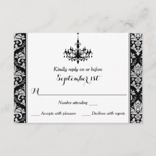 Cartão RSVP Black, Silver Damask, Chandelier Reply Card