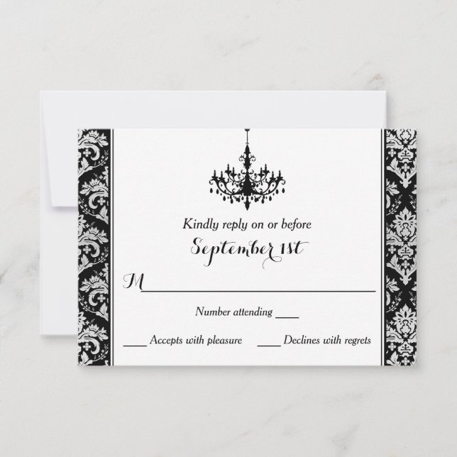 Cartão RSVP Black, Silver Damask, Chandelier Reply Card (Frente)