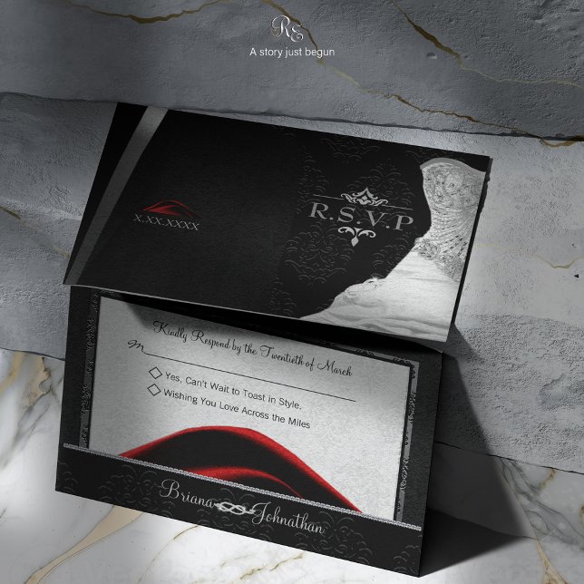 Cartão RSVP Black Tie Diamond (Black Tie Diamond RSVP, featuring tuxedo and gown design with diamond love knot and fleur-de-lis.)