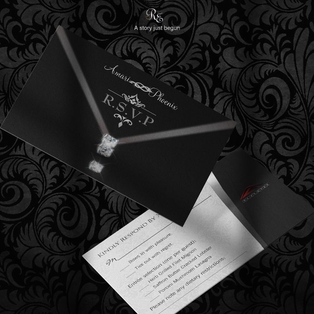 Cartão RSVP Black Tie R.S.V.P. (RSVP card, featuring a bow-tie martini design and tuxedo-inspired response card.)