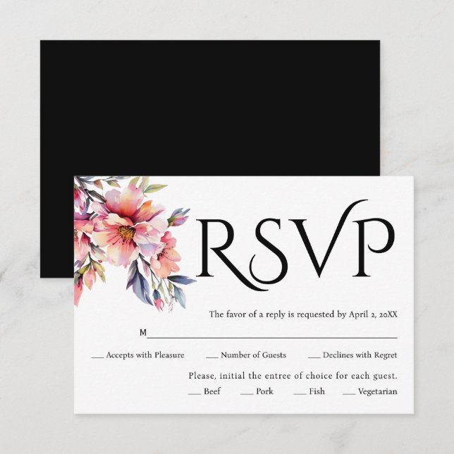 Cartão RSVP Black typography, rhododendron branch with flowers (Frente/Verso)