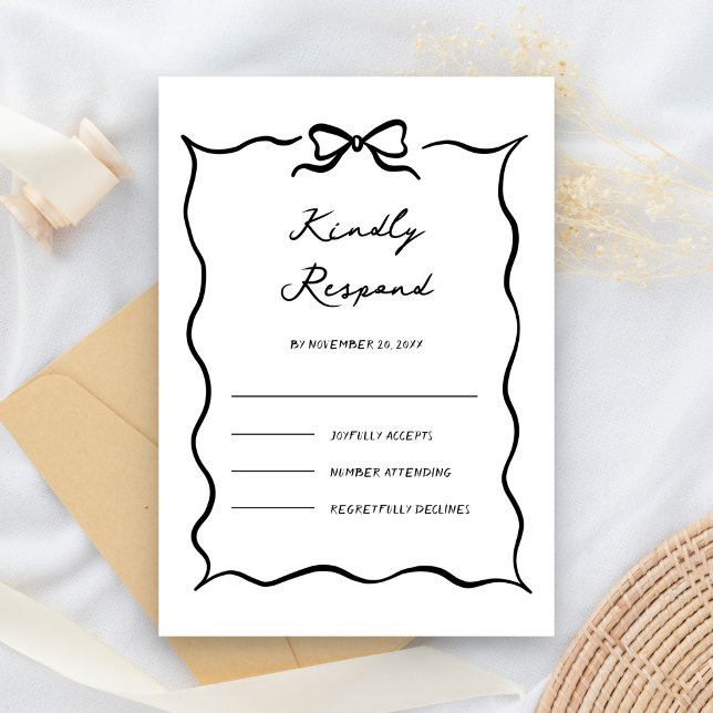 Cartão RSVP Black & White Hand Drawn Bow Wedding (Criador carregado)