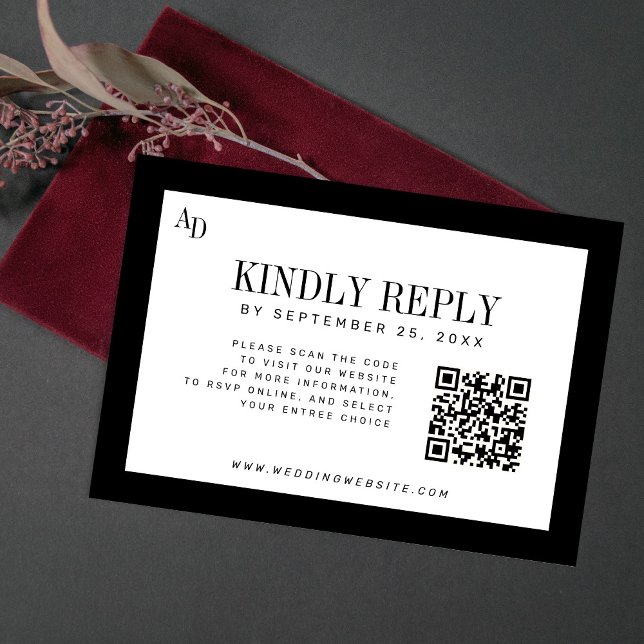 Cartão RSVP Black white modern old money wedding website QR (Criador carregado)