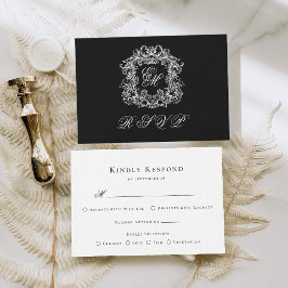 Cartão RSVP Black White Monogram Crest Elegant Wedding