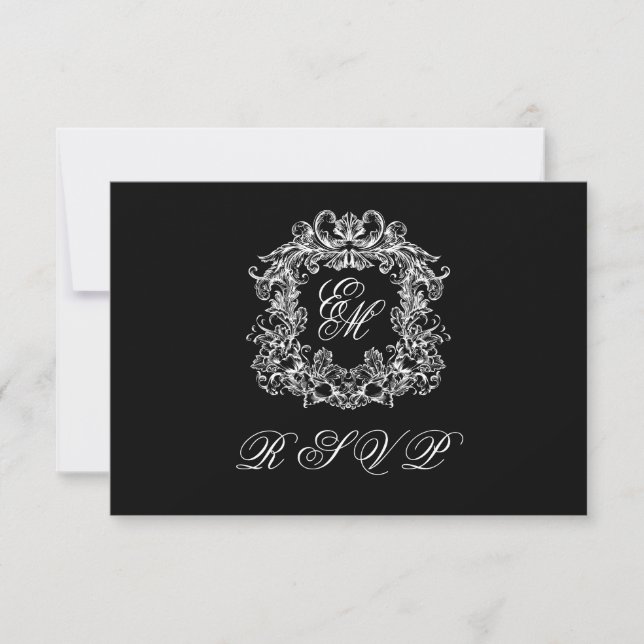 Cartão RSVP Black White Monogram Crest Elegant Wedding (Frente)