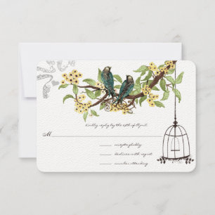 Cartão RSVP Blossomas de Cereja Amarelo Aves do Teal Birdcage 