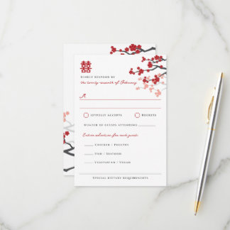 Cartão RSVP Blossomas De Cereja Vermelha E Casamento Chinês Du
