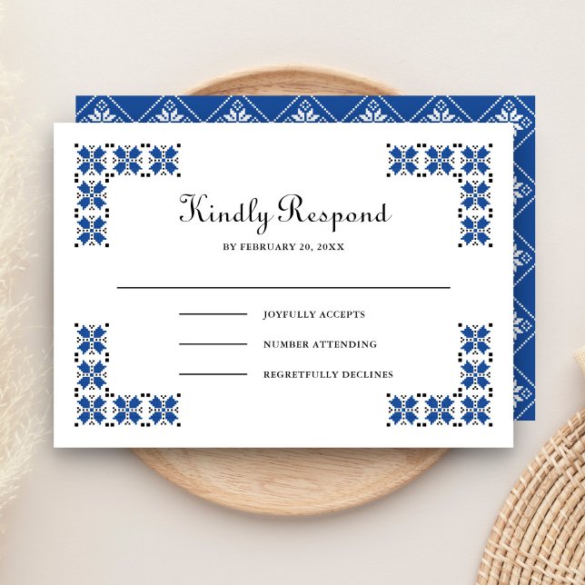 Cartão RSVP Blue and Black Ukrainian Embroidery Wedding (Criador carregado)
