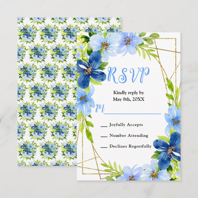 Cartão RSVP Blue and Navy Flowers with Foliage Wedding (Frente/Verso)
