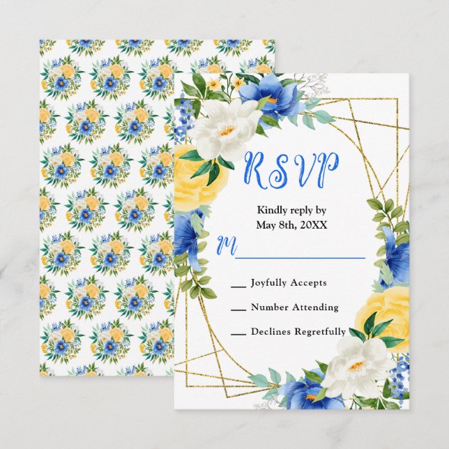 Cartão RSVP Blue and Yellow Flowers with Foliage Wedding (Frente/Verso)