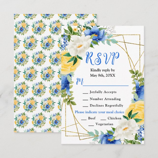 Cartão RSVP Blue and Yellow Flowers with Foliage Wedding (Frente/Verso)