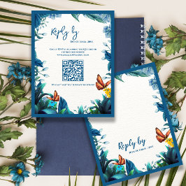 Cartão RSVP Blue Botanical Butterfly QR Code Wedding reply By