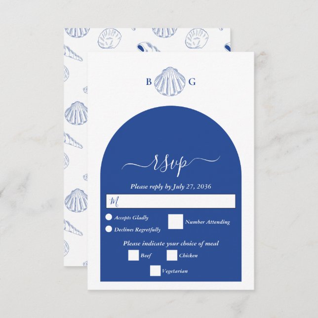 Cartão RSVP Blue Clam Seashells Coastal Seaside Beach Wedding (Frente/Verso)