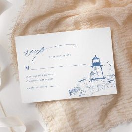 Cartão RSVP Blue Coastal Lighthouse Toile Wedding