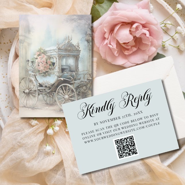 Cartão RSVP Blue Enchanted Carriage Fairytale Wedding QR Code (Criador carregado)