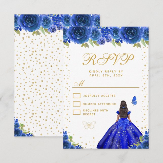 Cartão RSVP Blue Floral Dark Skin Princess Sweet Sixteen (Frente/Verso)