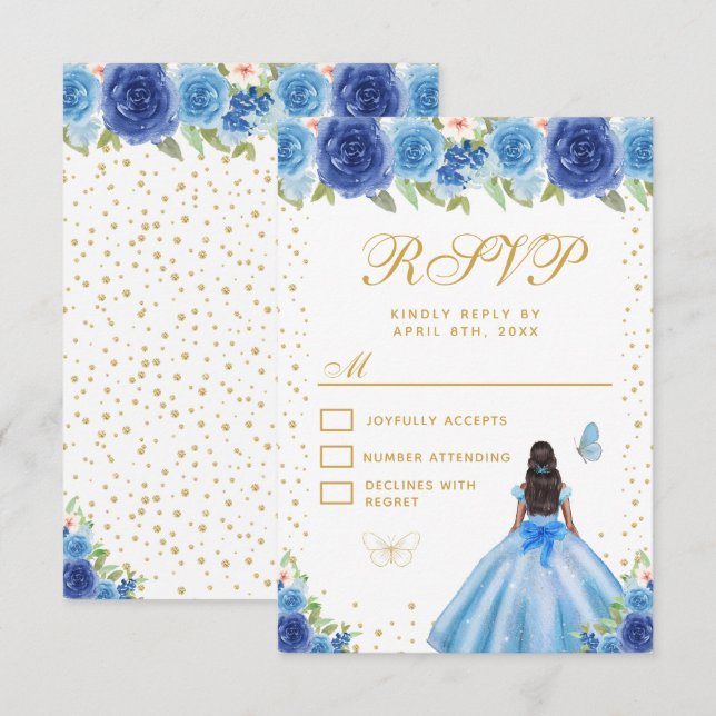 Cartão RSVP Blue Floral Dark Skin Princess Sweet Sixteen (Frente/Verso)