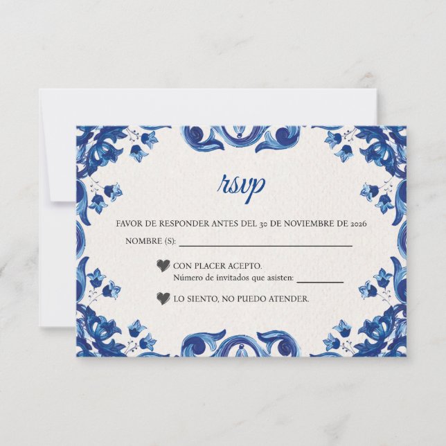 Cartão RSVP Blue Floral Elegant Fiesta Spanish Wedding (Frente)