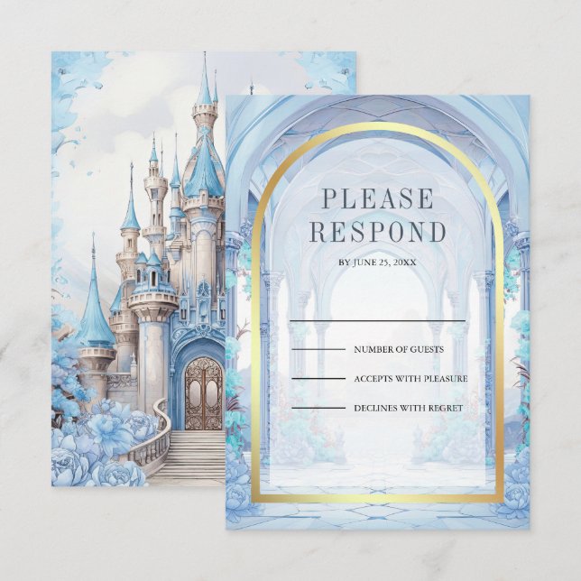 Cartão RSVP Blue Floral Fairytale Castle Wedding (Frente/Verso)