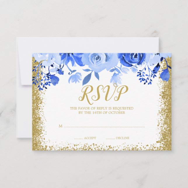 Cartão RSVP Blue Floral Faux Dourado Glitter Quinceanera (Frente)