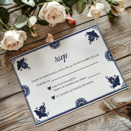 Cartão RSVP Blue Floral Otomi Simple Fiesta Spanish Wedding