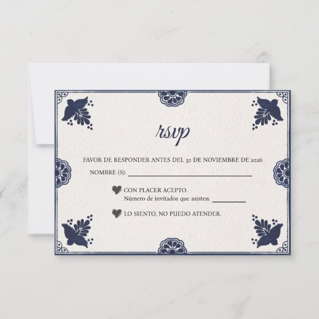 Cartão RSVP Blue Floral Otomi Simple Fiesta Spanish Wedding (Frente)
