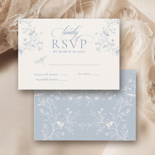 Cartão RSVP Blue Floral Romantic Calligraphy Garden Wedding (Criador carregado)