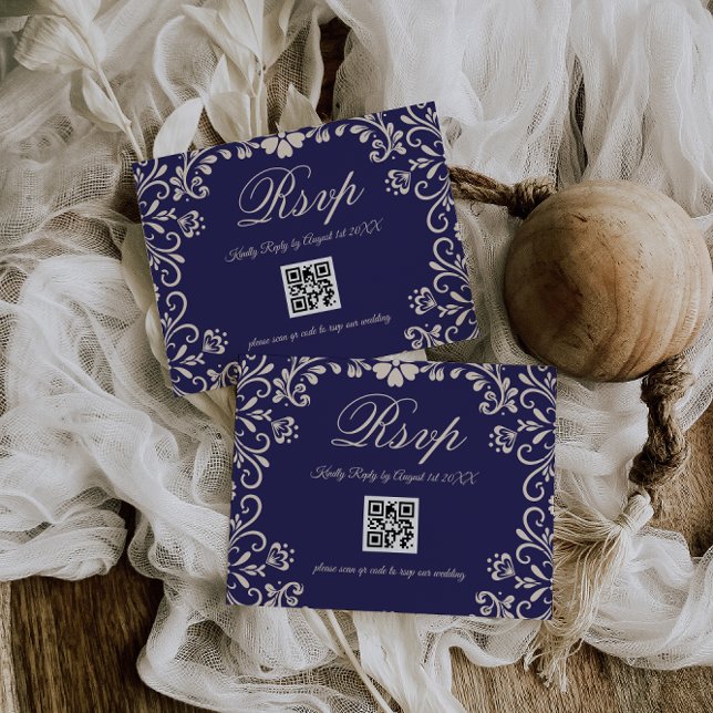 Cartão RSVP Blue Floral Wedding QR (Criador carregado)