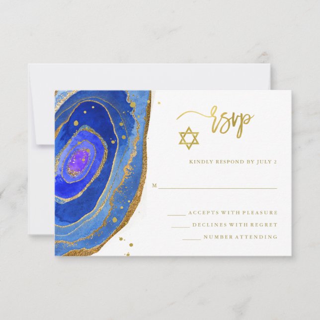 Cartão RSVP Blue Geode com Dourado Bat Mitzvah ou Bar Mitzvah (Frente)