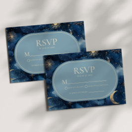 Cartão RSVP Blue Gold Elegant Celestial Starry Sky Wedding