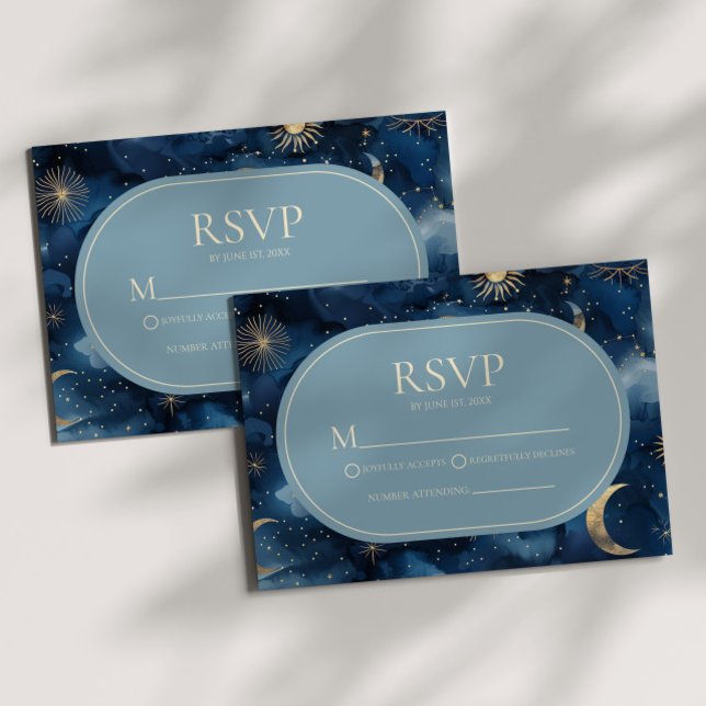 Cartão RSVP Blue Gold Elegant Celestial Starry Sky Wedding (Criador carregado)