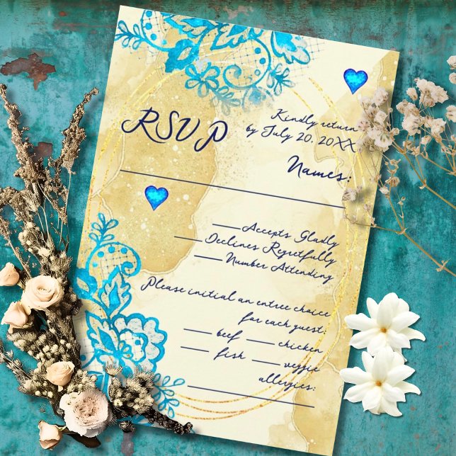 Cartão RSVP Blue Heart Baroque Gold Lace Mexican Wedding (Classic Baroque charm glows with blue hearts and intricate floral flourishes.)