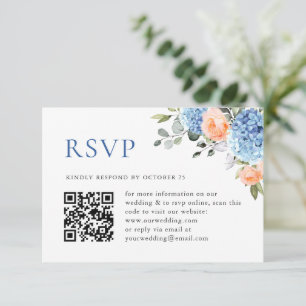 Cartão RSVP Blue Hydrangea Blush Pink Roses Casamento Código Q