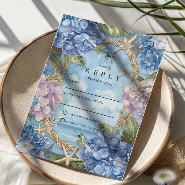 Cartão RSVP Blue Hydrangea Coastal Rope Wedding (Criador carregado)
