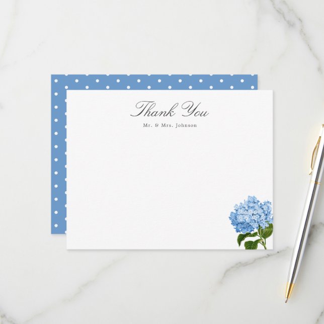 Cartão RSVP Blue Hydrangea Custom Name Thank You Flat Card (Frente/Verso In Situ)
