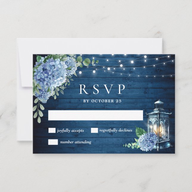 Cartão RSVP Blue Hydrangea Lanterna Wood Wedn Rustic (Frente)