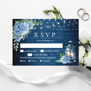 Cartão RSVP Blue Hydrangea Lanterna Wood Wedn Rustic