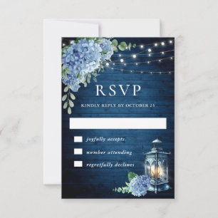 Cartão RSVP Blue Hydrangea Lanterna Wood Wedn Rustic