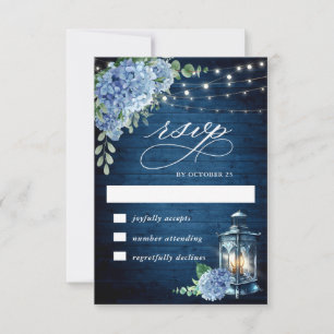 Cartão RSVP Blue Hydrangea Lanterna Wood Wedn Rustic