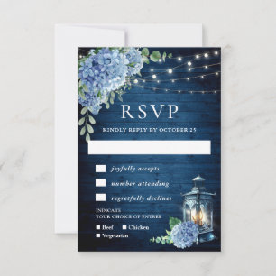 Cartão RSVP Blue Hydrangea Lanterna Wood Wedn Rustic