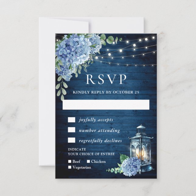 Cartão RSVP Blue Hydrangea Lanterna Wood Wedn Rustic (Frente)