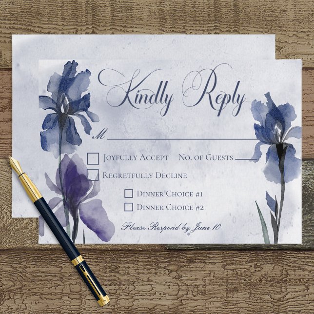 Cartão RSVP Blue Iris Flowers Blue Modern Response Card (Criador carregado)