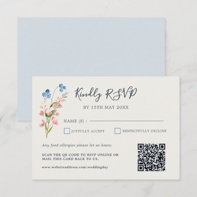Cartão RSVP Blue Pink Wildflowers Response Card (Frente/Verso)