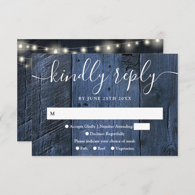 Cartão RSVP Blue Rustic Wood String Luz Oeste Casamento (Frente/Verso)