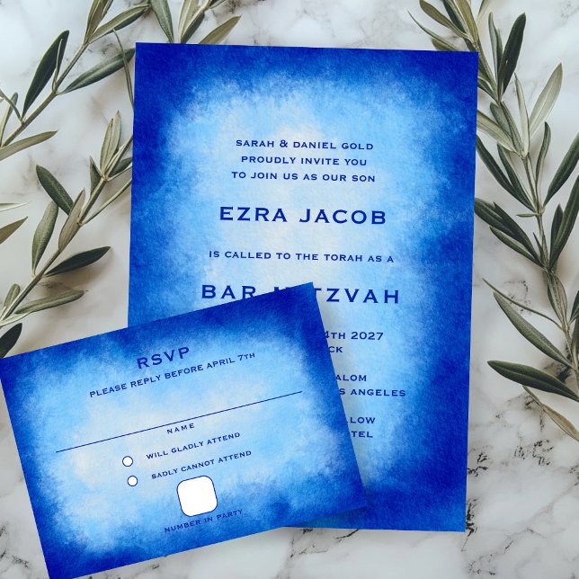 Cartão RSVP Blue Watercolor Custom Bar Bat Mitzvah (Blue Watercolor Custom Bar Bat Mitzvah RSVP Card
)
